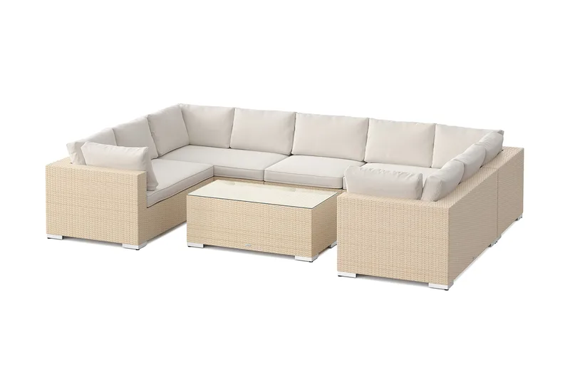 Bahamas U-formad utomhus loungegrupp med stängt avslut, 9-sits med bord, Beige