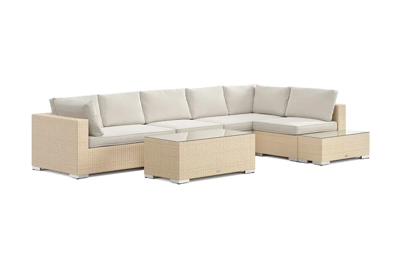 Bahamas utesoffa 6-sits vändbar schäslong med avslut och bord, Beige