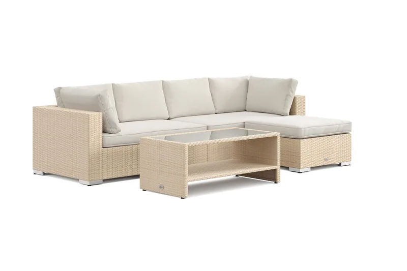 Bahamas utomhus divansoffa 5-sits med vändbar divan och bord med hylla, Beige