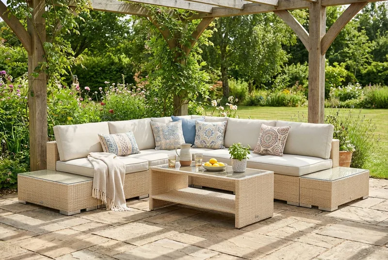 Bahamas utomhus hörnsoffa 5-sits vändbar med öppet avslut och bord med hylla - Beige - Products - Utemöbler & utemiljö - Loungemöbler - Loungeset & loungegrupp