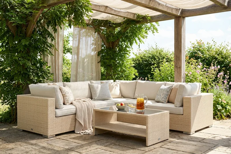 Bahamas utomhus hörnsoffa 5-sits vändbar och bord med hylla - Beige - Products - Utemöbler & utemiljö - Loungemöbler - Loungeset & loungegrupp