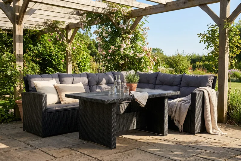 James 5-sits Högervänd Loungegrupp Utomhus – Soffgrupp med grå dynor och bord i konstrotting - Mörkgrå/Svart - Products - Utemöbler & utemiljö - Loungemöbler - Loungeset & loungegrupp