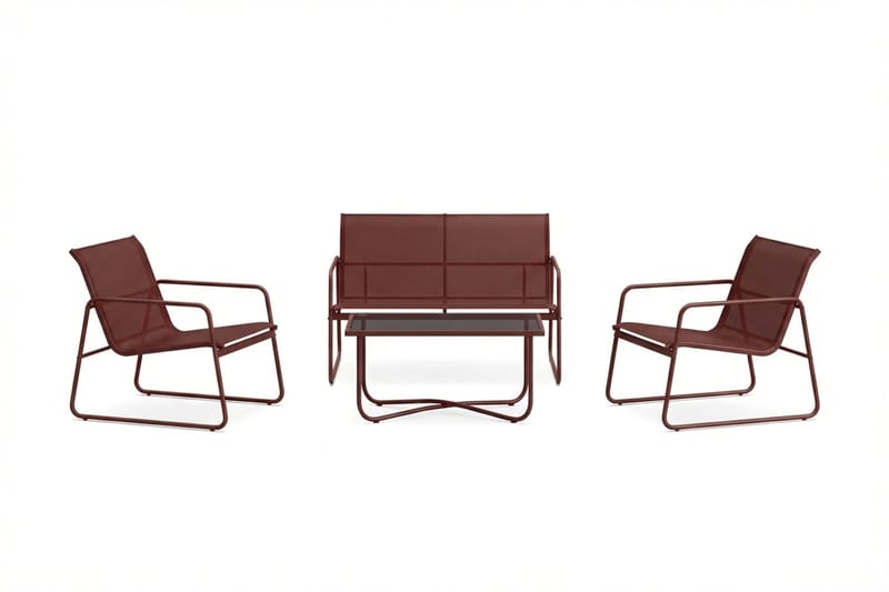Pelanda Loungegrupp  - Soffa och 2 fåtöljer i stål soffbord med frostad glasskiva, Röd