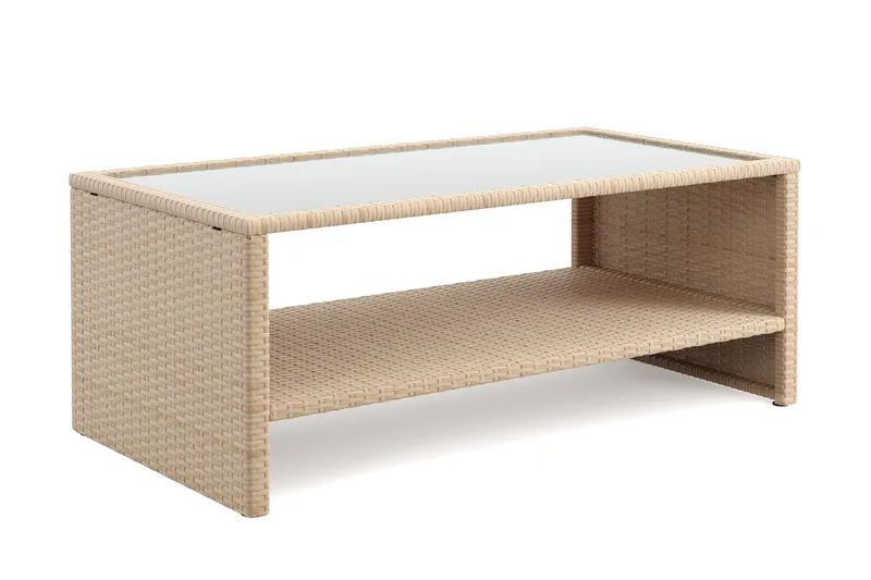 Wisconsin Soffbord utomhus i konstrotting med glasskiva och hylla för förvaring 58x110x43 cm - Beige - Products - Utemöbler & utemiljö - Utebord & trädgårdsbord - Loungebord & soffbord utomhus