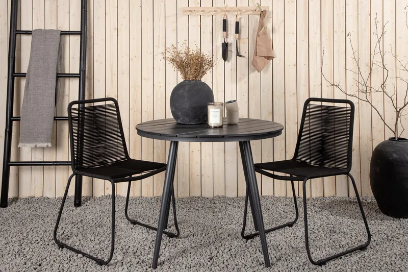 Break Cafégrupp Rund 90 cm + 2 Lindos Stapelbar Stol - Svart - Products - Utemöbler & utemiljö - Utegrupp - Cafegrupp & cafeset