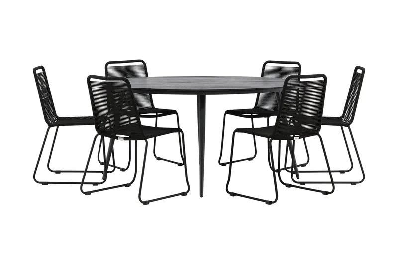Break Matgrupp Utomhus Rund Ø150cm + 6 Lindos Stapelbara Matstolar - Svart - Products - Utemöbler & utemiljö - Utegrupp - Matgrupp utomhus