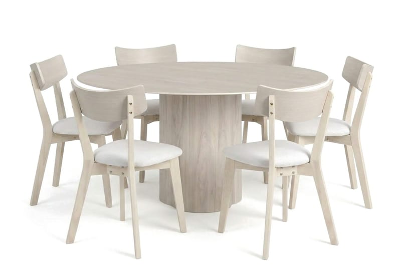 Juno Matgrupp 150 cm runt Vitlaserad med 6 Amelia Matstolar med Dyna - Vitlaserad/Beige - Products - Utemöbler & utemiljö - Utegrupp - Matgrupp utomhus