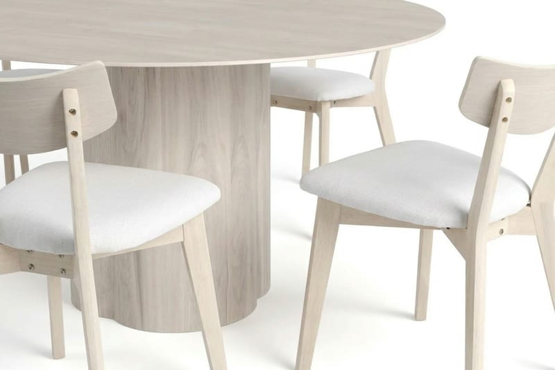 Juno Matgrupp 150 cm runt Vitlaserad med 6 Amelia Matstolar med Dyna - Vitlaserad/Beige - Products - Utemöbler & utemiljö - Utegrupp - Matgrupp utomhus