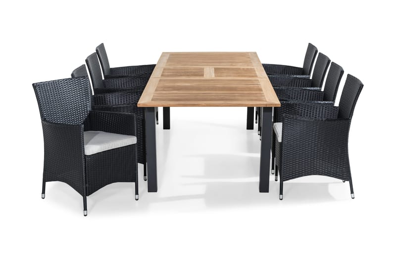 Las Vegas Matgrupp Utomhus 220-280x100 + 8 Thor Fåtölj m Dyna, Teak/Svart/Grå