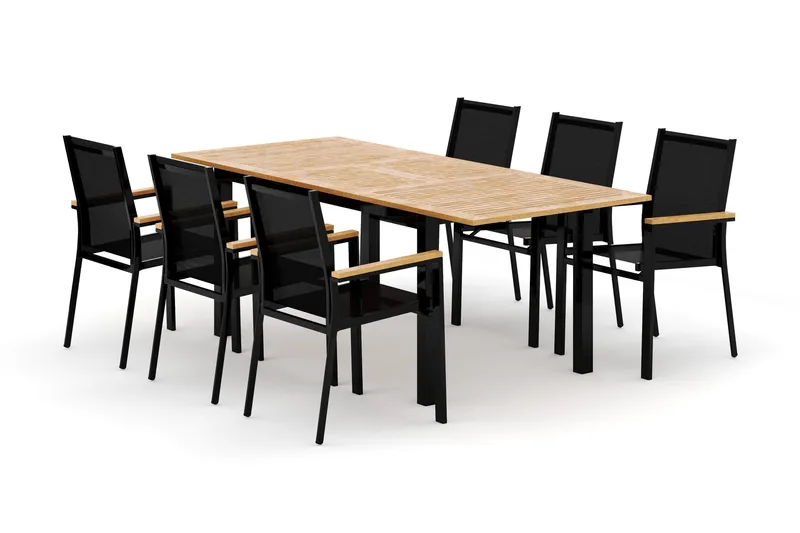 Las Vegas utomhus matgrupp förlängningsbart 152-210x90 cm med 6 Las Vegas stapelstolar, Svart