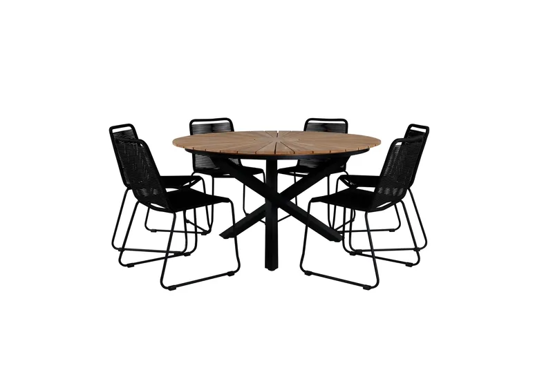 Mexico Matgrupp Utomhus Rund Ø140cm + 6 Lindos Stapelbara Matstolar, Svart