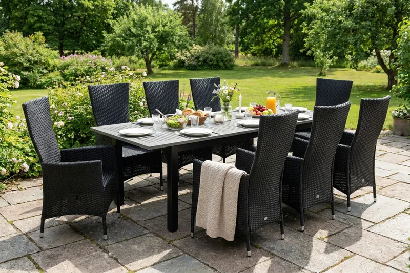 Monaco förlängningsbar matgrupp utomhus inkl. iläggskiva 210-310 cm med 8 Jenny ställbar matstol - Svart/Grå - Products - Utemöbler & utemiljö - Utegrupp - Matgrupp utomhus