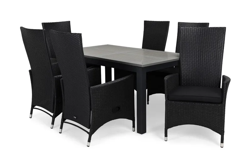 Monaco Matgrupp Utomhus 152-210 + 6 Jenny Ställbar Fåtölj m Dyna, Svart/Svart/Svart