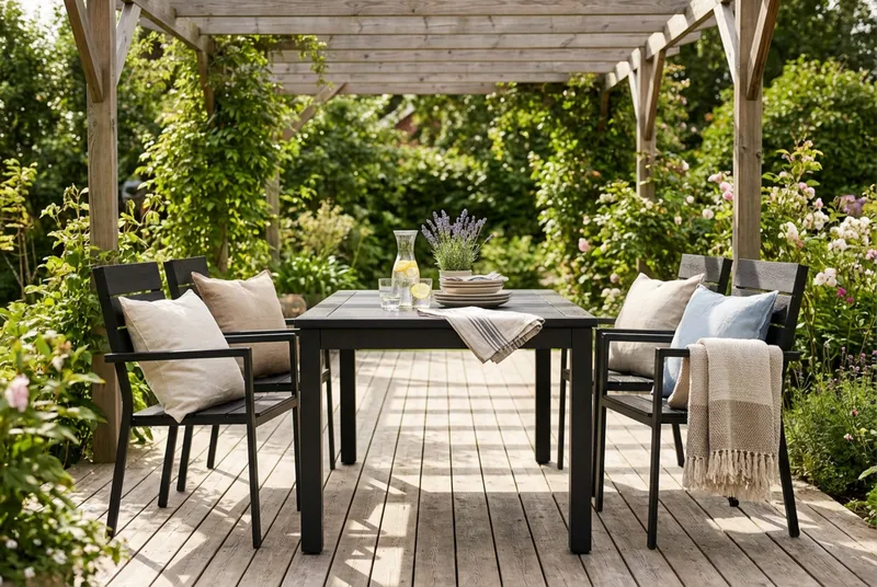 Monaco utomhus matgrupp förlängningsbart 150-250x90 med 4 Tunis stapelstolar - Svart/Grå - Products - Utemöbler & utemiljö - Utegrupp - Matgrupp utomhus