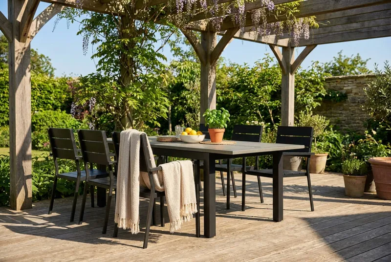 Monaco utomhus matgrupp förlängningsbart 150-250x90 med 6 Tunis stapelstolar - Svart/Grå - Products - Utemöbler & utemiljö - Utegrupp - Matgrupp utomhus