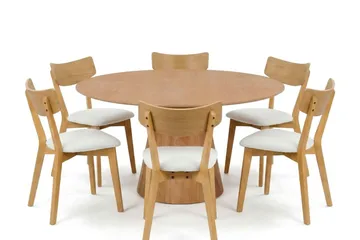 Siena Matgrupp 150 cm runt i Ek med 6 Amelia Matstolar med Dyna, Ek/Beige
