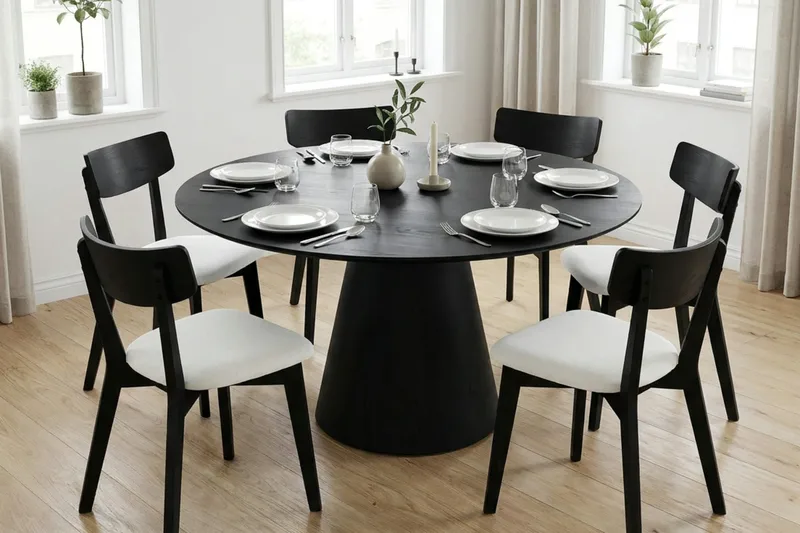 Siena Matgrupp 150 cm runt i Svart med 6 Amelia Matstolar med Dyna - Svart/Beige - Products - Utemöbler & utemiljö - Utegrupp - Matgrupp utomhus