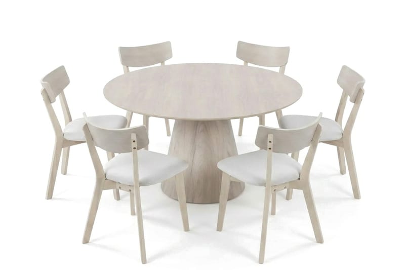 Siena Matgrupp 150 cm runt Vitlaserad med 6 Amelia Matstolar med Dyna - Vitlaserad/Beige - Products - Utemöbler & utemiljö - Utegrupp - Matgrupp utomhus