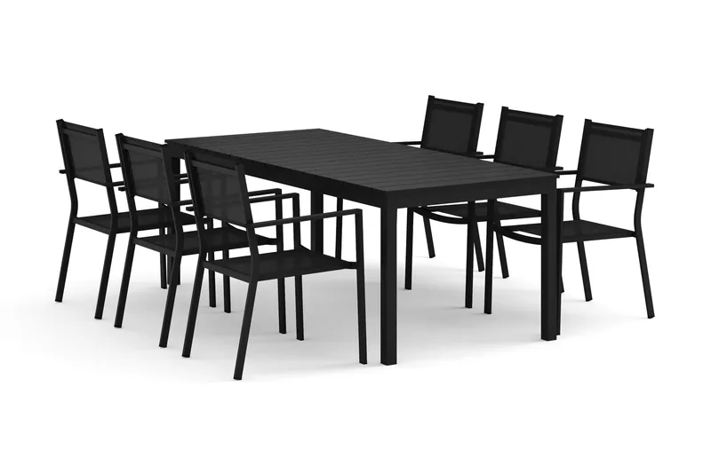 Tunis utomhus matgrupp förlängningsbart 205/305x90 cm med 6 Tunis stapelstolar, Svart/Svart