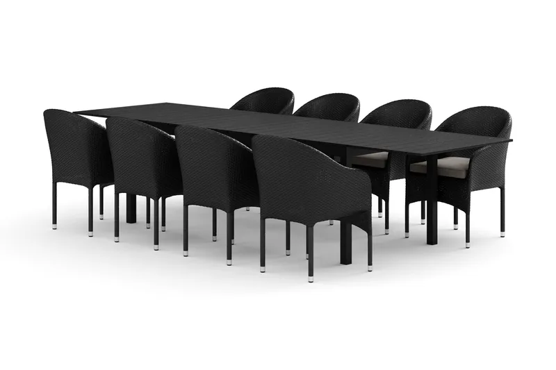 Tunis utomhus matgrupp förlängningsbart 205/305x90 cm med 8 Thor fåtöljer, Svart/Svart