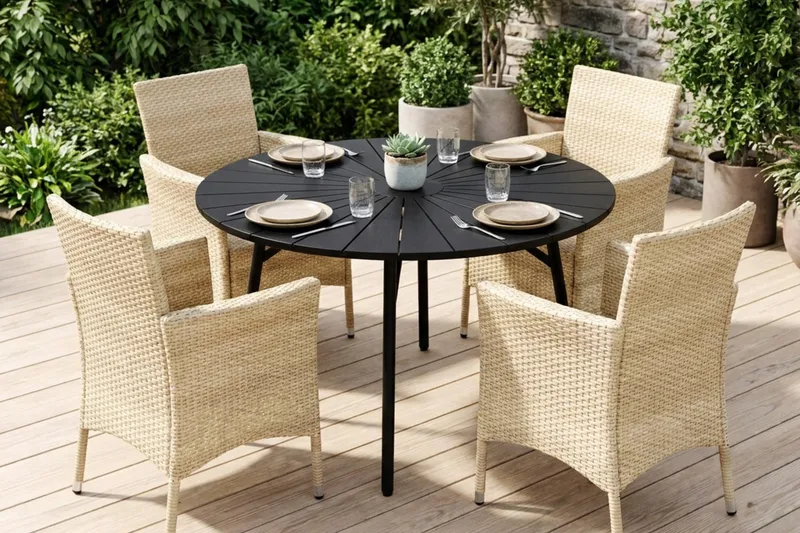 Tunis utomhus rund matgrupp 120 cm med 4 Thor utefåtöljer - Svart/Svart - Products - Utemöbler & utemiljö - Utegrupp - Matgrupp utomhus