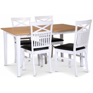 Fr spisebordsst; spisebord 140x90 cm - Hvid / olieret eg med 4 stk. Fr spisebordsstole med sort PU sde