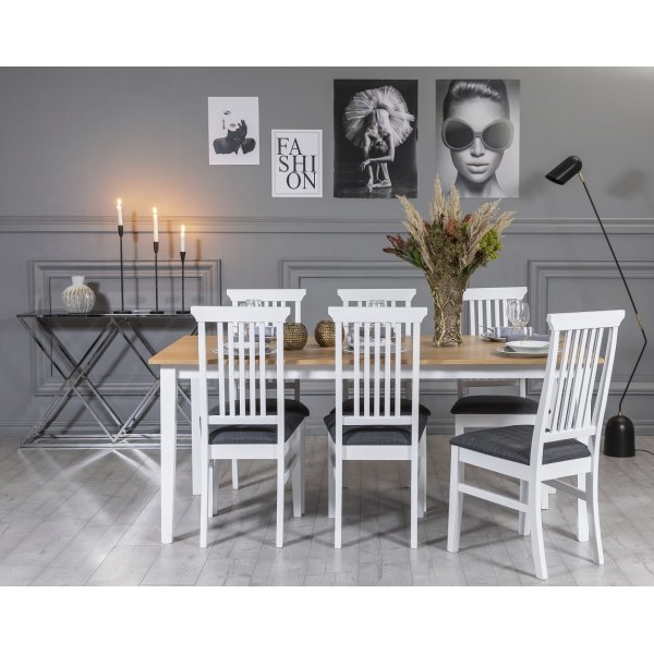 Fr spisebordsst: Bord 180 cm inkl. 6 stk. Ms stole - Hvid / Eg