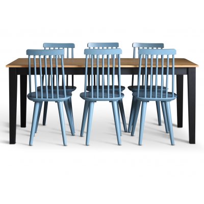 Dalsland spisegruppe: Spisebord i sort/eg med 6 duebl stole