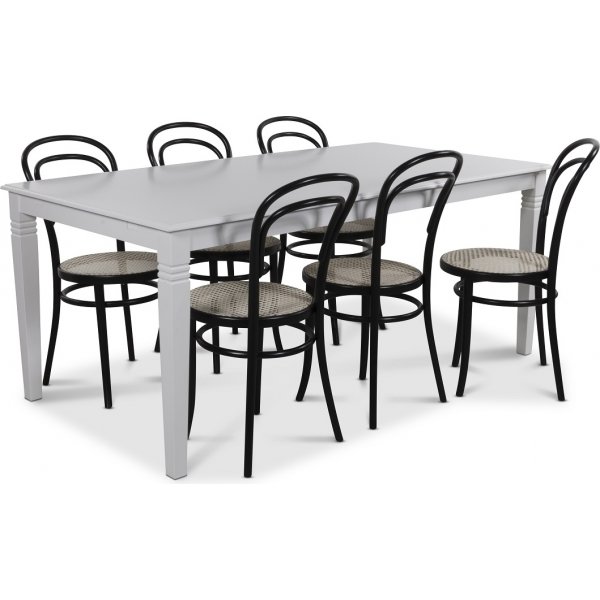Mellby spisegruppe 180 cm bord med 6 stk. Thonet spisestole