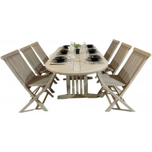 Saltö udendørs spisegruppe ovalt 150-210 cm bord med 6 spisestuestole - Grå teaktræ + Møbelplejesæt til tekstiler Saltö udendørs spisegruppe ovalt 150-210 cm bord med 6 spisestuestole - Grå teaktræ + Møbelplejesæt til tekstiler