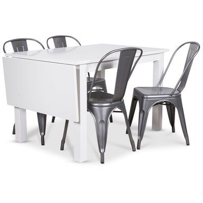 Sander spisegruppe, Klapbord med 4 stk. metalstole - Hvid/Metal
