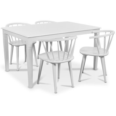 Mellby spisegruppe 140 cm bord med 4 hvide Fredrik Pinnstolar med stel - Hvid