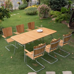 Möllan udendørsgruppe i teak: 6 lænestole med spisebord 176x90 cm Möllan udendørsgruppe i teak: 6 lænestole med spisebord 176x90 cm