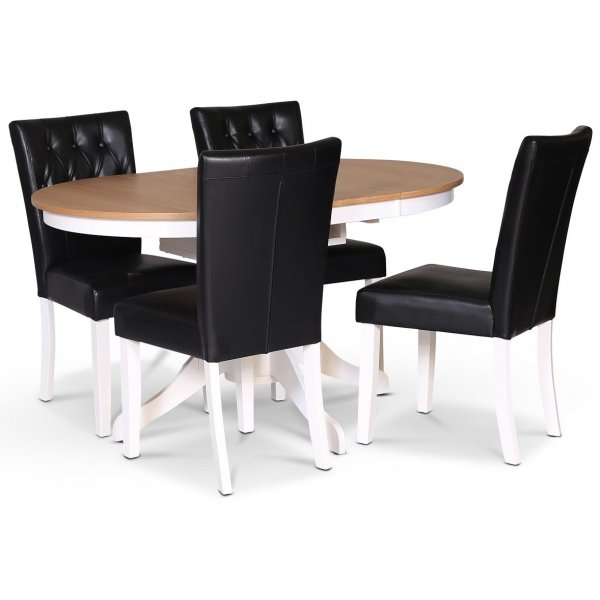 Fitchburg spisegruppe 106-141 cm inkl. 4 Crocket sorte spisestuestole - Hvid / Oiled Oak