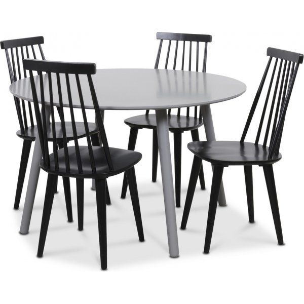 Rosvik spisegruppe grt rundt bordet med 4 sorte Dalsland Pinn stole - gr / sort