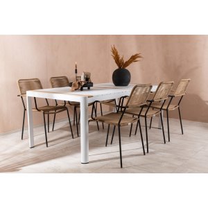 Togo udendrs spisegruppe med 6 Lindos stelstole - Beige/Sort/Teak