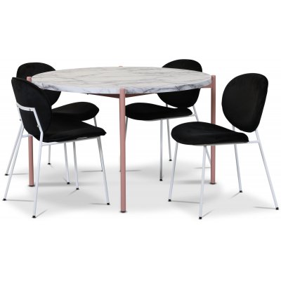 Asp spisegruppe 120cm inkl. 4 Rondo stole i fljl - Lys marmor/pink