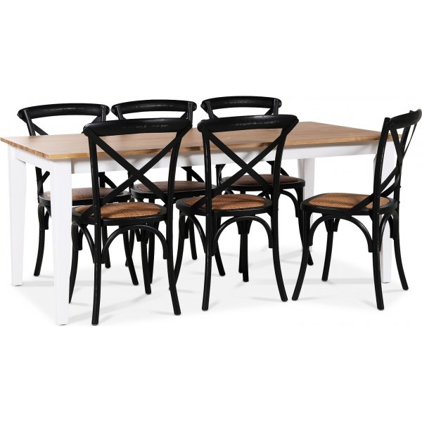 Dalars spisegruppe 180 cm bord hvid / eg + 6 sorte Gaston spisestole + 4.00 x Mbelfdder