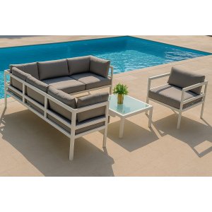 Udendørsgruppe med bord og hjørnesofa i hvid aluminium Udendørsgruppe med bord og hjørnesofa i hvid aluminium