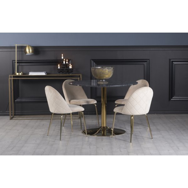 Plaza spisegruppe, marmorbord med 4 stk. Plaza fljlsstole - Beige/Gr/Messing