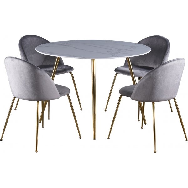Deco spisegruppe 110 cm rundt bord + 4 stk Art stole gr fljl / Messing