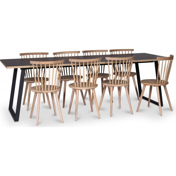 Edge 3.0 spisebordsst 240x90 cm inkl. 8 stk. hvidolierede pindestole Castor - Sort Hjtrykslaminat (HPL)