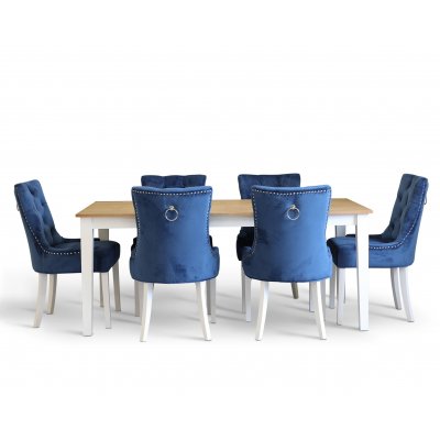 Dalsland spisegruppe: Spisebord i hvid/eg med 6 Tuva stole i blt fljl