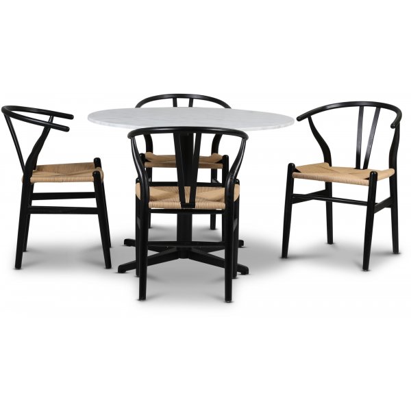 SOHO spisegruppe 105 cm inkl. 4 Brandon lnestole - Mat sorte krydsben / Lys marmor