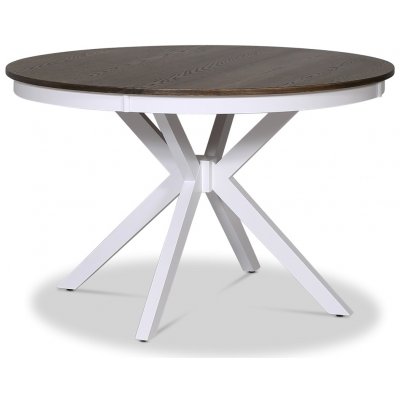 Skagen spisebordsst; rundt spisebord 120 cm - Hvid/brunolieret eg med 4 Fr stole (Ribber i ryggen) med grt stofsde
