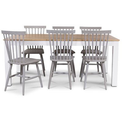 Dalar spisegruppe med knagestole - 180 cm bord hvid/eg med 6 gr knkstole