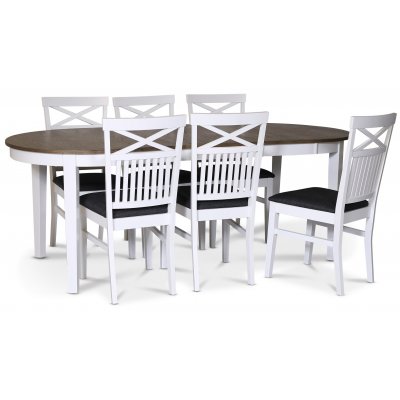 Skagen Spisebordsst; spisebord 160/210x90 cm - Hvid/brunolieret eg med 6 Skagen stole med kryds i ryggen og grt stofsde