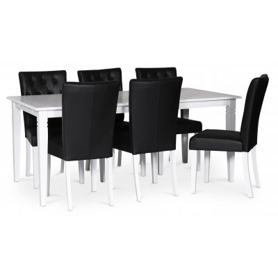 Sandhamn spisebordsst; 180x95 cm bord med 6 stk. Crocket spisebordsstole i sort PU + 4.00 x Mbelfdder