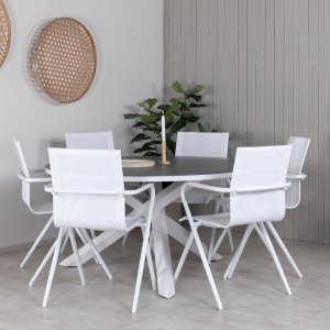 Copacabana udendrs spisegruppe med 6 Alina stole - Gr/Hvid