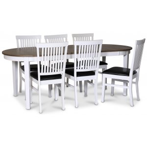Skagen spisebordsst; spisebord 160/210x90 cm - Hvid / brunolieret eg med 6 stk. Fr stole med sort PU sde